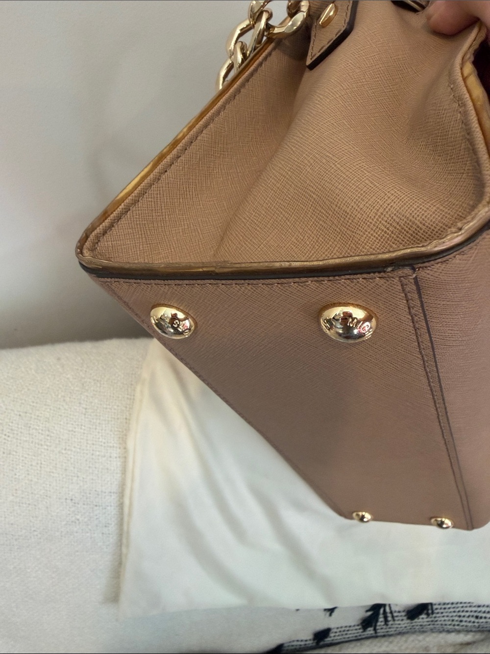 Michael Kors Hamilton “Frame Out” Satchel Taupe Saffiano Leather with Gold HW.